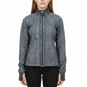 Lululemon Womens Gray Plaid Full-Zip Lightweight Jacket Ruffle Trim High Collar